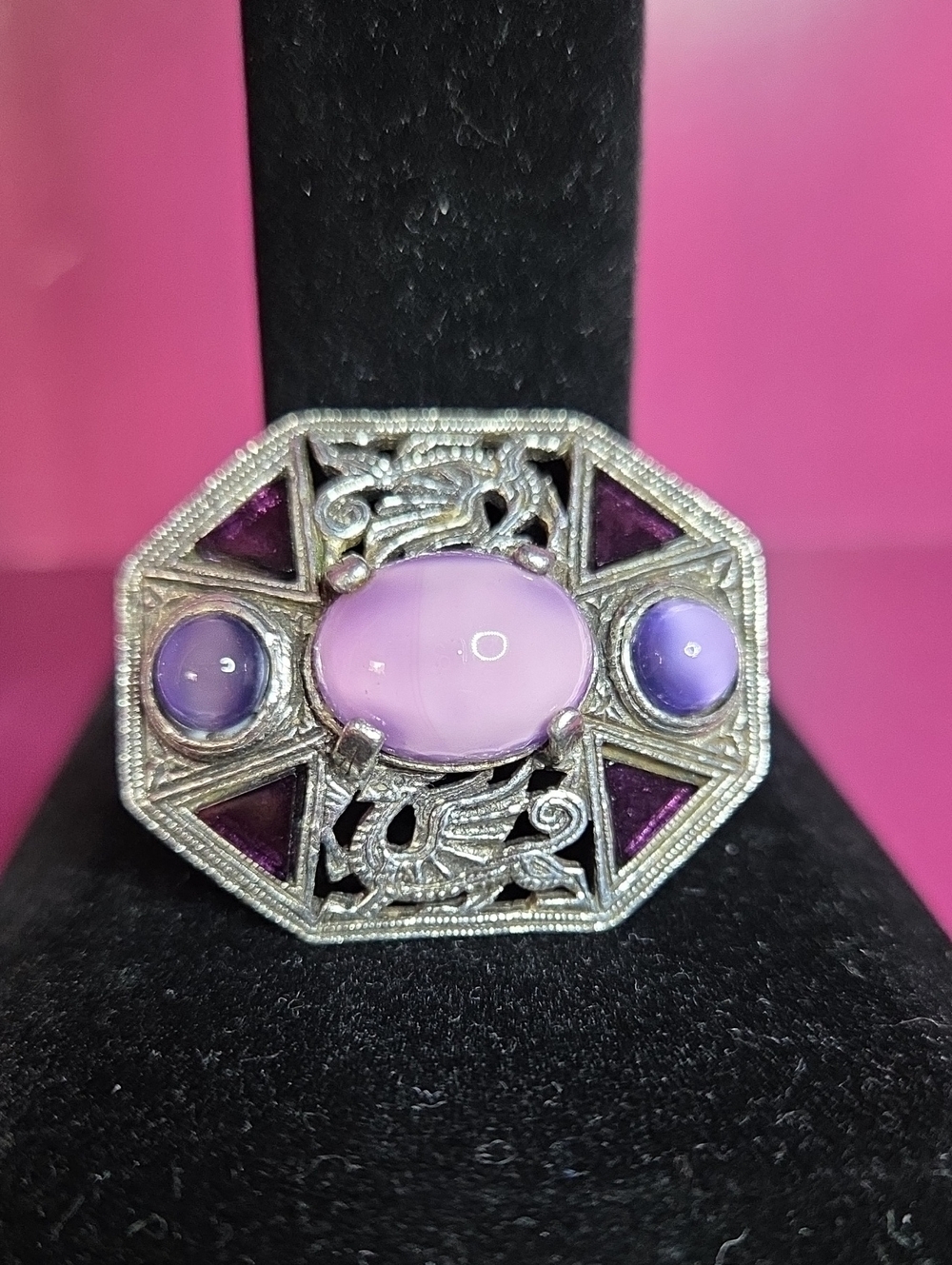 Vintage Miracle Celtic Relival Dragon & Purple Bohemian Molded Glass Brooch